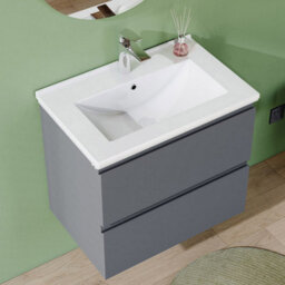 AVER-GROWTH 600mm Vanity Unit With Basin High Gloss Grey Ceramic Sink Wall Hung Bathroom Storage Cabinet Soft Close Hinges 2 Drawers - thumbnail 3