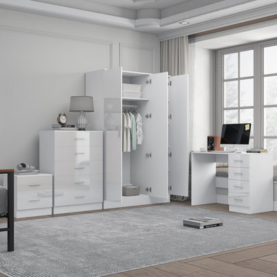 Reflect 3 Door Plain Wardrobe, 5 Drawer Chest, 2 Drawer Bedside & Desk - White Gloss & Matt White - Modern Bedroom Furniture Set - image 1