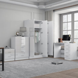 Reflect 3 Door Plain Wardrobe, 5 Drawer Chest, 2 Drawer Bedside & Desk - White Gloss & Matt White - Modern Bedroom Furniture Set - thumbnail 1