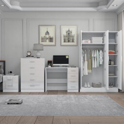 Reflect 3 Door Plain Wardrobe, 5 Drawer Chest, 2 Drawer Bedside & Desk - White Gloss & Matt White - Modern Bedroom Furniture Set - thumbnail 4