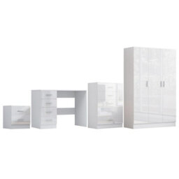 Reflect 3 Door Plain Wardrobe, 5 Drawer Chest, 2 Drawer Bedside & Desk - White Gloss & Matt White - Modern Bedroom Furniture Set - thumbnail 5