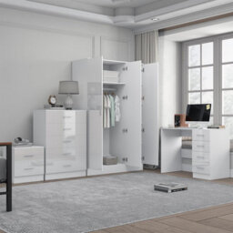 Reflect 3 Door Plain Wardrobe, 5 Drawer Chest, 2 Drawer Bedside & Desk - White Gloss & Matt White - Modern Bedroom Furniture Set - thumbnail 2