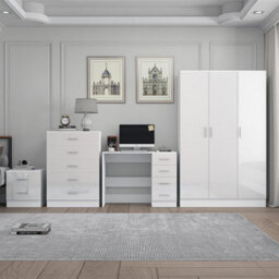 Reflect 3 Door Plain Wardrobe, 5 Drawer Chest, 2 Drawer Bedside & Desk - White Gloss & Matt White - Modern Bedroom Furniture Set - thumbnail 3