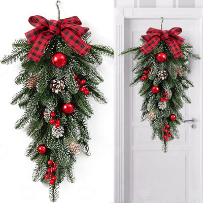 Amorly Christmas Teardrop Swag For Front Door, Decorated With Berries, Pinecones Bells, Artificial Hanging Flower Wreath For Xmas Decor - image 1