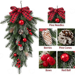Amorly Christmas Teardrop Swag For Front Door, Decorated With Berries, Pinecones Bells, Artificial Hanging Flower Wreath For Xmas Decor - thumbnail 3