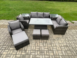 Fimous Wicker Pe Rattan Outdoor Garden Furniture Sets Adjustable Rising Lifting Dining Table Sofa Set With Side Tables - thumbnail 2