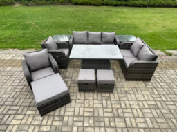 Fimous Wicker Pe Rattan Outdoor Garden Furniture Sets Adjustable Rising Lifting Dining Table Sofa Set With Side Tables - thumbnail 1