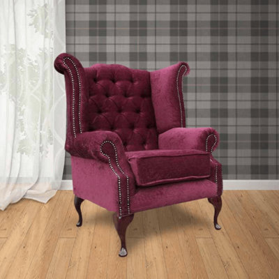 Chesterfield High Back Wing Chair Pimlico Damson Fabric In Queen Anne Style - image 1