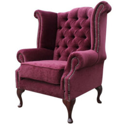 Chesterfield High Back Wing Chair Pimlico Damson Fabric In Queen Anne Style - thumbnail 2