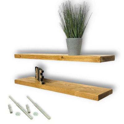 MKGT Set Of 2 Rustic Wooden Floating Shelves With Hidden Brackets (Rustic Pine, 140Cm (1.4M) - image 1