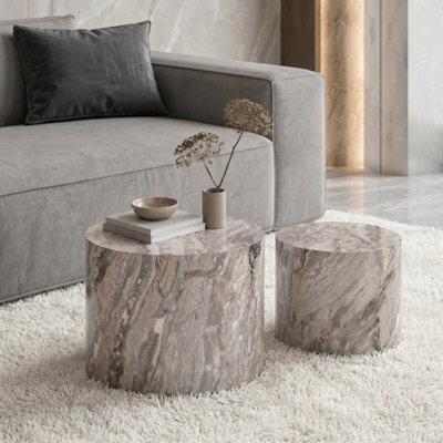 Ohs Marble Effect Set Of 2 Round Tables Side Coffee Table - Grey - image 1