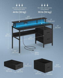 Songmics Led Gaming Desk With Built-In Power Outlets, Workstation With Shelf, Drawers, Usb Ports, Ebony Black - thumbnail 2