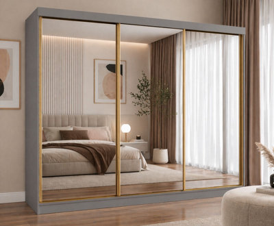 Fhif Dubai Gold 250Cm Grey Sliding Door Wardrobe Modern Bedroom Storage With Full Length Mirror Shelves And Hanging Rails - image 1