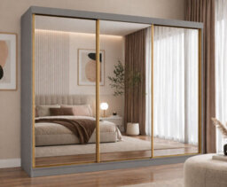Fhif Dubai Gold 250Cm Grey Sliding Door Wardrobe Modern Bedroom Storage With Full Length Mirror Shelves And Hanging Rails - thumbnail 1