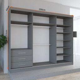 Fhif Dubai Gold 250Cm Grey Sliding Door Wardrobe Modern Bedroom Storage With Full Length Mirror Shelves And Hanging Rails - thumbnail 2