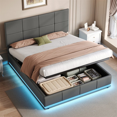 Abrihome 4Ft6 Upholstered Ottoman Bed, Double Bed With Led Lighting, Pu Leather Hydraulic Storage Bed, Adjustable Tufted Headboard, Grey - image 1