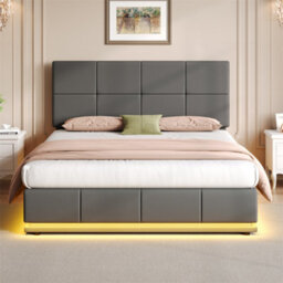 Abrihome 4Ft6 Upholstered Ottoman Bed, Double Bed With Led Lighting, Pu Leather Hydraulic Storage Bed, Adjustable Tufted Headboard, Grey - thumbnail 9