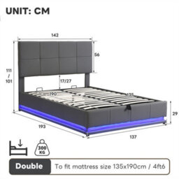 Abrihome 4Ft6 Upholstered Ottoman Bed, Double Bed With Led Lighting, Pu Leather Hydraulic Storage Bed, Adjustable Tufted Headboard, Grey - thumbnail 5