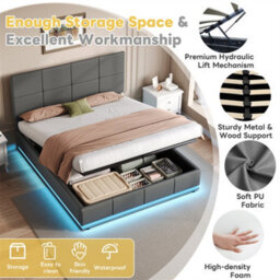 Abrihome 4Ft6 Upholstered Ottoman Bed, Double Bed With Led Lighting, Pu Leather Hydraulic Storage Bed, Adjustable Tufted Headboard, Grey - thumbnail 3