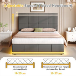 Abrihome 4Ft6 Upholstered Ottoman Bed, Double Bed With Led Lighting, Pu Leather Hydraulic Storage Bed, Adjustable Tufted Headboard, Grey - thumbnail 2