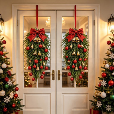 Amorly 2Pcs Artificial Pine Christmas Teardrop Swag With Red Bow, Bells, Red Berries  Golden Orbs, Front Door Hanging Xmas Decor - image 1