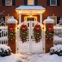 Amorly 2Pcs Artificial Pine Christmas Teardrop Swag With Red Bow, Bells, Red Berries  Golden Orbs, Front Door Hanging Xmas Decor - thumbnail 2