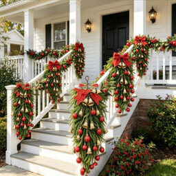 Amorly 2Pcs Artificial Pine Christmas Teardrop Swag With Red Bow, Bells, Red Berries  Golden Orbs, Front Door Hanging Xmas Decor - thumbnail 3