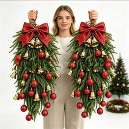 Amorly 2Pcs Artificial Pine Christmas Teardrop Swag With Red Bow, Bells, Red Berries  Golden Orbs, Front Door Hanging Xmas Decor - thumbnail 4