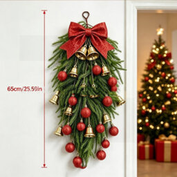 Amorly 2Pcs Artificial Pine Christmas Teardrop Swag With Red Bow, Bells, Red Berries  Golden Orbs, Front Door Hanging Xmas Decor - thumbnail 5