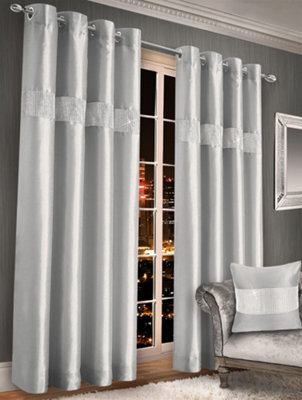 Intimates Elegant Faux Silk Curtains With Diamante Panel, Ring Top Style, Machine Cold Washable, Chic Window Coverings - Silver