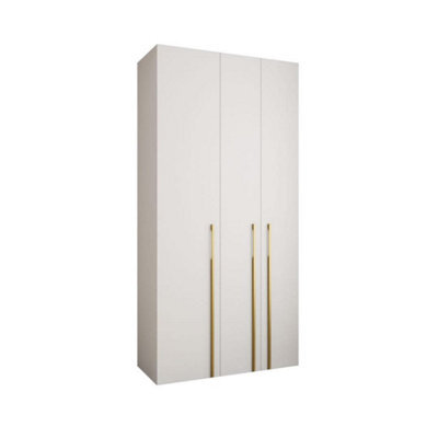 Arte Stylish White Como 3 Hinged Door Wardrobe H2460mm W1200mm D500mm, Three Doors, Eight Shelves, Hanging Rail, Gold Vertical Handles - image 1