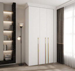 Arte Stylish White Como 3 Hinged Door Wardrobe H2460mm W1200mm D500mm, Three Doors, Eight Shelves, Hanging Rail, Gold Vertical Handles - thumbnail 2