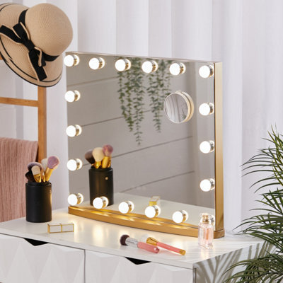 Living And Home Gold Hollywood Rectangle Metal Makeup Mirror With 18 Led Bulbs Touch Control Dimmable 58Cm (W) X 48.5Cm (H) - image 1