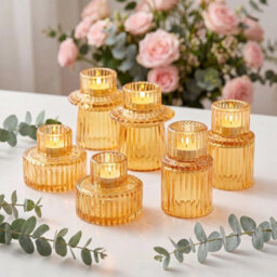 Orange 6Pcs European Style Glass Tea Light Candle Holders For Table Centerpiece Wedding - thumbnail 3
