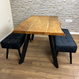 Doubs Dining Table With 2 Benches 120Cm Natural Wood Dining Table Set With 2 Black Velvet Benches - thumbnail 4