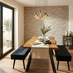 Doubs Dining Table With 2 Benches 120Cm Natural Wood Dining Table Set With 2 Black Velvet Benches
