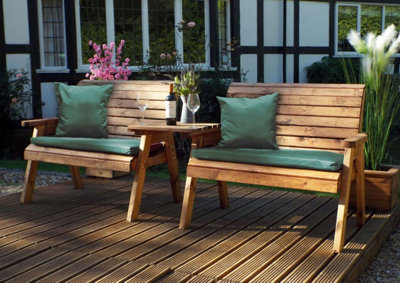 Charles Taylor Wooden Twin Garden 2 Seater Bench Set Straight & Green Cushion - image 1