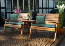 Charles Taylor Wooden Twin Garden 2 Seater Bench Set Straight & Green Cushion - thumbnail 1