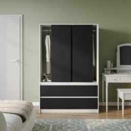 Urbn-Living Urbnliving 180Cm Height White Carcass 3 Sliding Black Door With 4 Black Drawer Wardrobe Clothes Storage Hanging Rail Bedroom - thumbnail 1