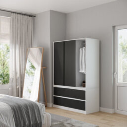 Urbn-Living Urbnliving 180Cm Height White Carcass 3 Sliding Black Door With 4 Black Drawer Wardrobe Clothes Storage Hanging Rail Bedroom - thumbnail 4