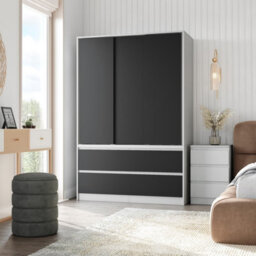 Urbn-Living Urbnliving 180Cm Height White Carcass 3 Sliding Black Door With 4 Black Drawer Wardrobe Clothes Storage Hanging Rail Bedroom - thumbnail 2