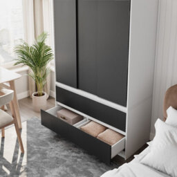 Urbn-Living Urbnliving 180Cm Height White Carcass 3 Sliding Black Door With 4 Black Drawer Wardrobe Clothes Storage Hanging Rail Bedroom - thumbnail 5