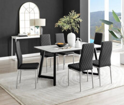Furniturebox Uk Carson White Marble Effect Dining Table & 6 Black Milan Chrome Leg Chairs - thumbnail 1