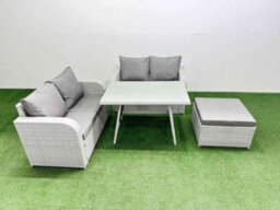 Fimous 5 Seat Outdoor Love Sofa Set Rattan Garden Furniture Set With Rectangular Dining Table Big Footstool Light Grey - thumbnail 2