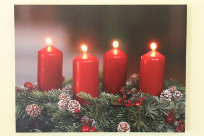 Garden Market Place Festive 4 Red Candle Christmas Canvas Picture Print With Led Lights