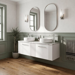 Balterley Belvide Partial Fluted 2 Drawer Wall Hung Vanity Unit With Carrera Marble Laminate Worktop - 1200mm - Satin White - thumbnail 4