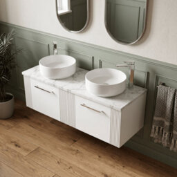 Balterley Belvide Partial Fluted 2 Drawer Wall Hung Vanity Unit With Carrera Marble Laminate Worktop - 1200mm - Satin White - thumbnail 3