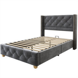 Abrihome Upholstered Single Bed With Slatted Frame And Headboard, Button Rivet Upholstery, Wooden Legs, Velvet, Grey - thumbnail 4