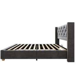 Abrihome Upholstered Single Bed With Slatted Frame And Headboard, Button Rivet Upholstery, Wooden Legs, Velvet, Grey - thumbnail 5