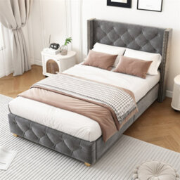 Abrihome Upholstered Single Bed With Slatted Frame And Headboard, Button Rivet Upholstery, Wooden Legs, Velvet, Grey